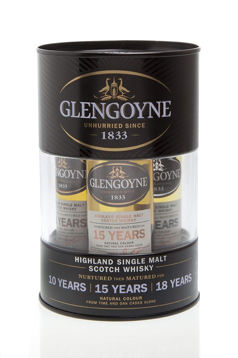 GLENGOYNE TIN PACK MINIATURE 10 YEARS, 15 YEARS, 18 YEARS